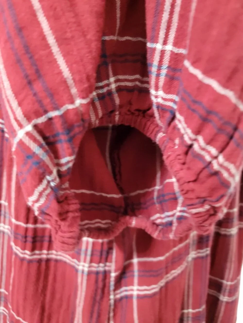 Loft Size XL Burgundy , White and Blue Plaid Split Neck Puffed Sleeve Blouse